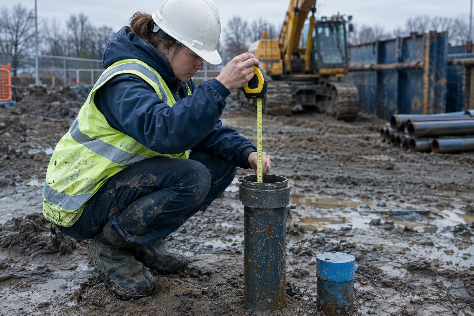 Field crew measuring groundwater levels at a monitoring well during a dewatering program